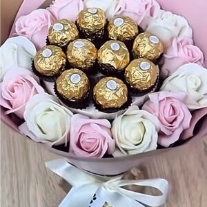 Gold Chocolate and Pink Rose Bouquet